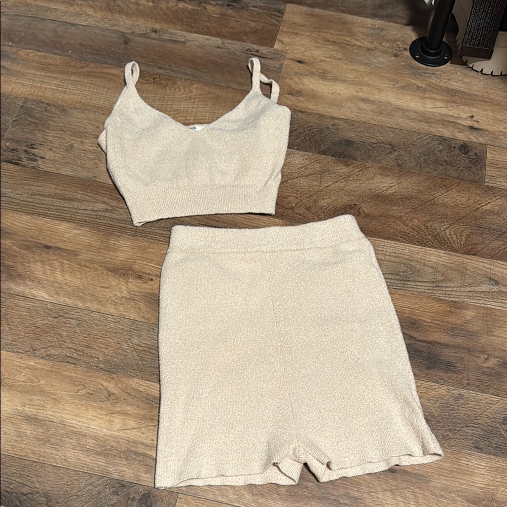 Cream Knit Crop Top and Shorts Set